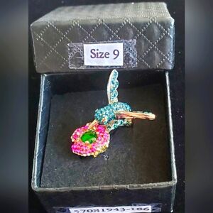 New Silvertone  HUMMINGBIRD & FLOWER RING